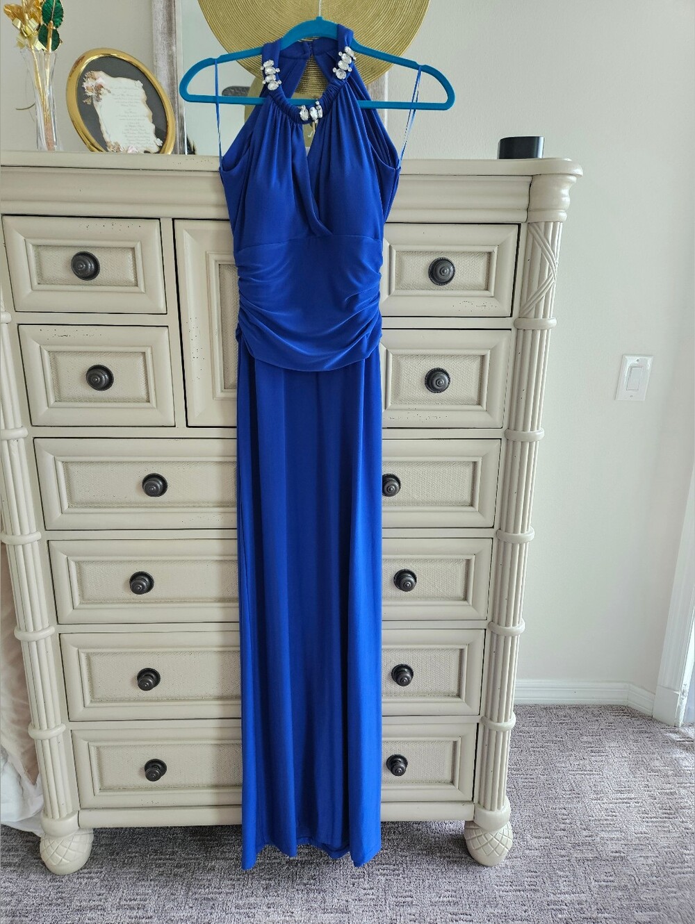 Cache Vintage Maxi Gown Royal Blue Jeweled Halter Prom Evening Dress EUC Sz. 4